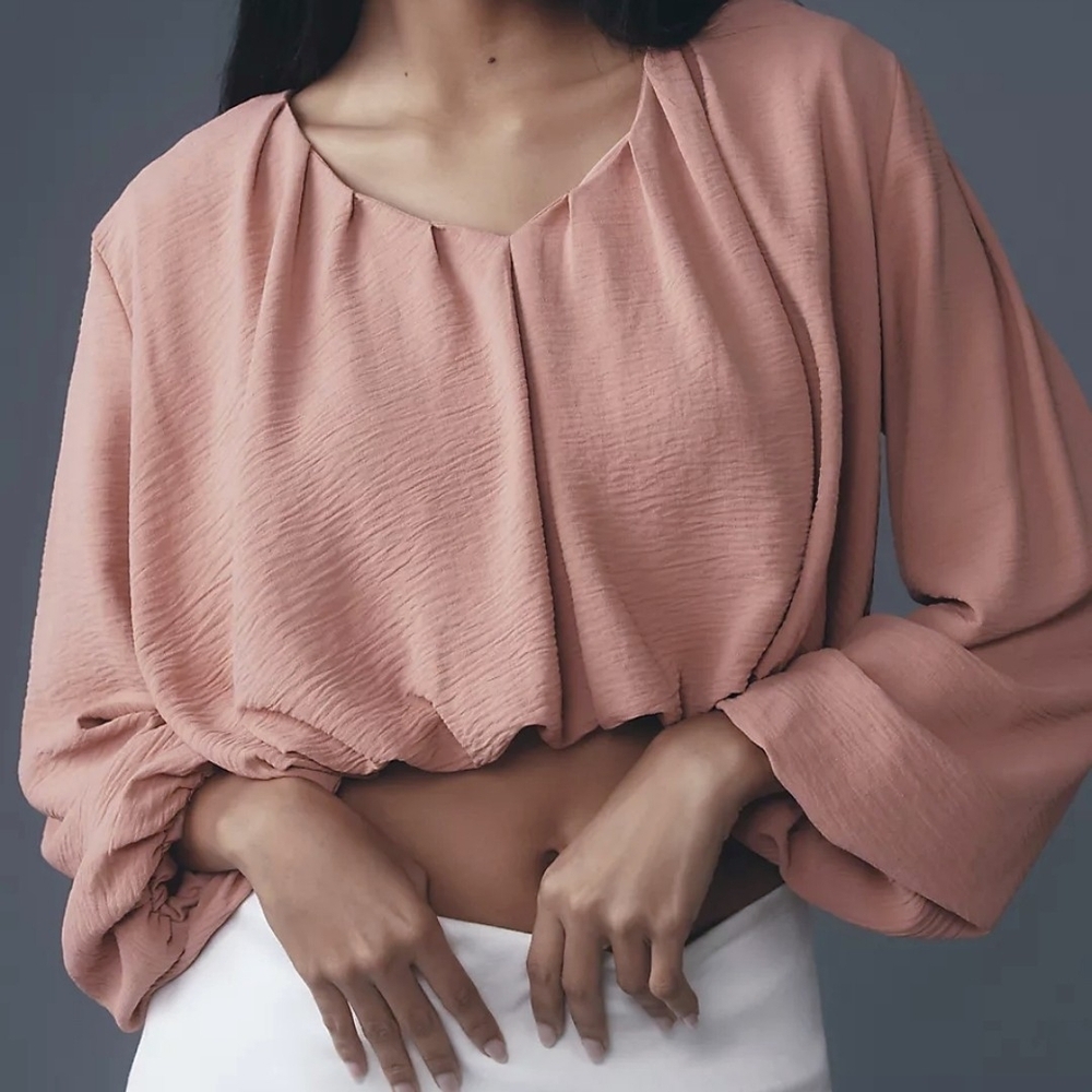 Anthropologie Bishop + Young Bubble-Hem V-Neck Top Dusty Pink – Women’s S